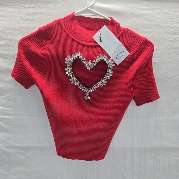 Akira Size Medium Red Crop Knit Rhinestone Heart Embellished Top New with Tags - Picture 3 of 6